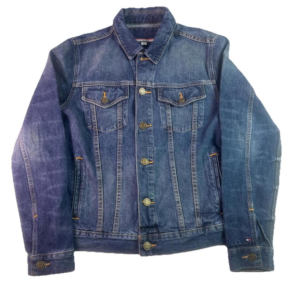 Tommy Hilfiger Denim Trucker Jacket Mens Distressed Blue Medium Wash Size medium